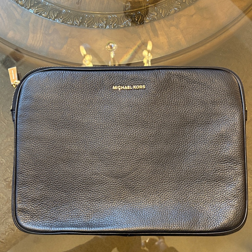 Michael Kors Black Pebbled Leather Laptop Case with Gold Logo